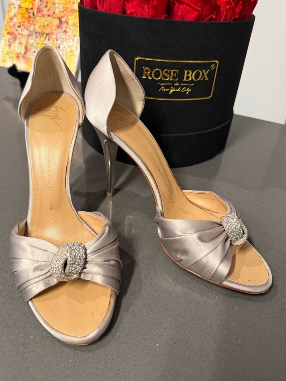 Giuseppe Zanotti Satin D'Orsay Heels W Swarovski Crystal Accent in Silver Sz 39